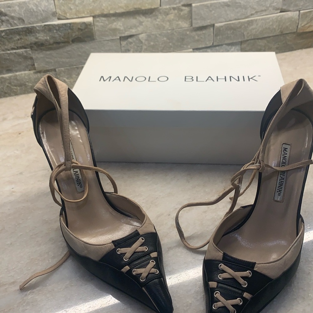 Beautiful sexy Manolo Blahnik heels.  gently worn, sexy to cleavage, dust bag.